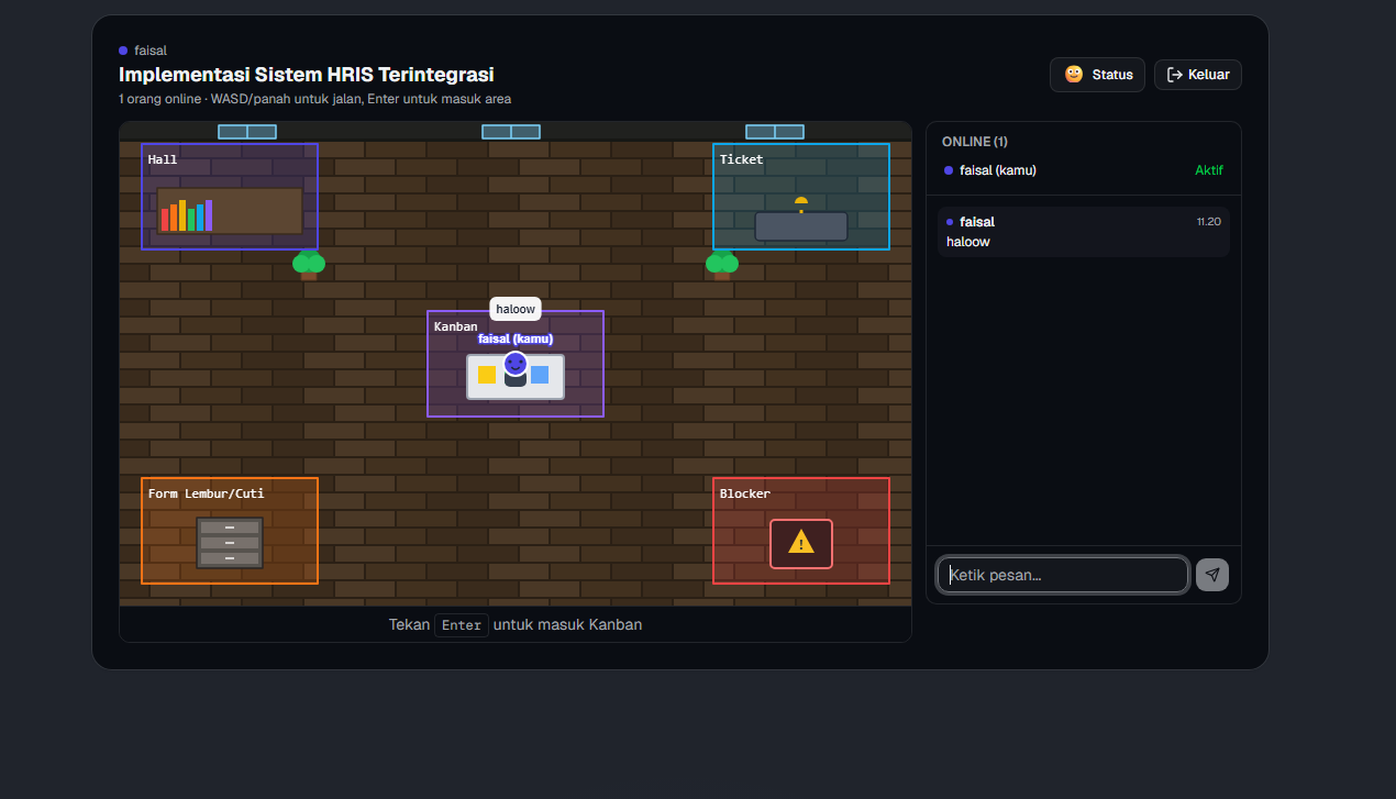PMZen community hub, a 2D virtual office where team members walk between rooms and chat