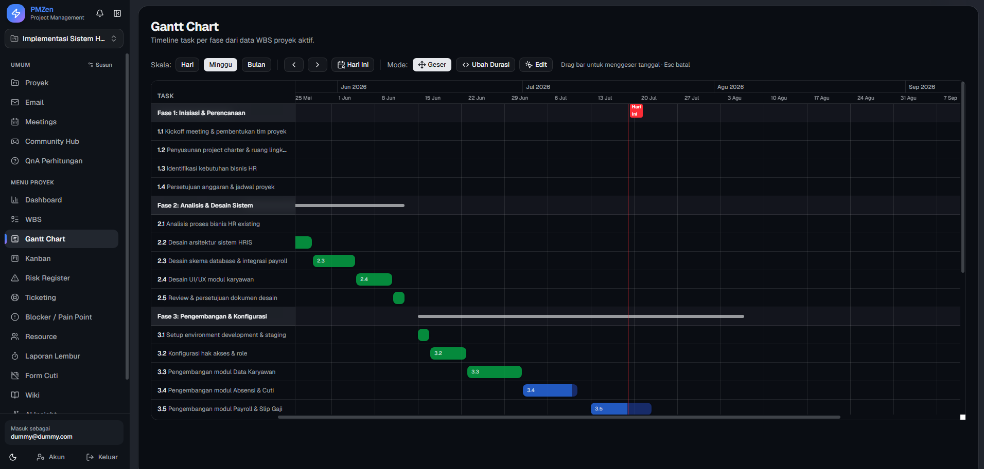 PMZen Gantt chart generated from the WBS with draggable bars and day, week, month scales