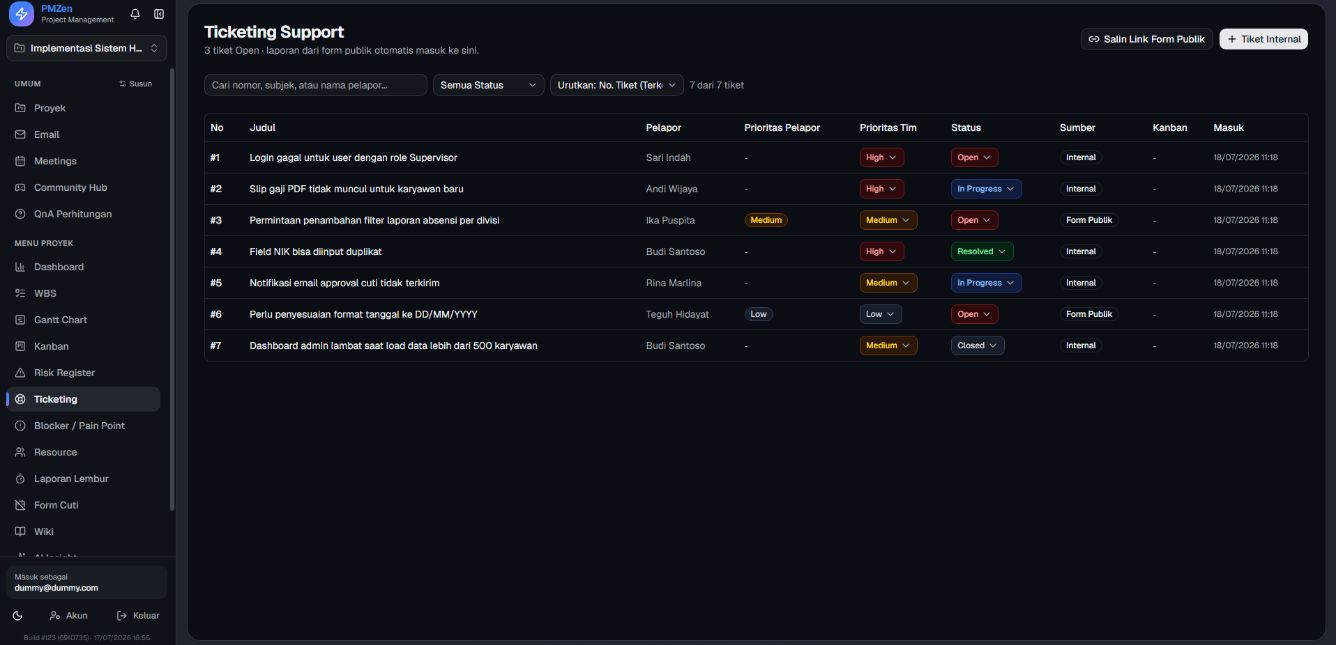 PMZen ticketing support screen with reporter and team priorities and a public form source